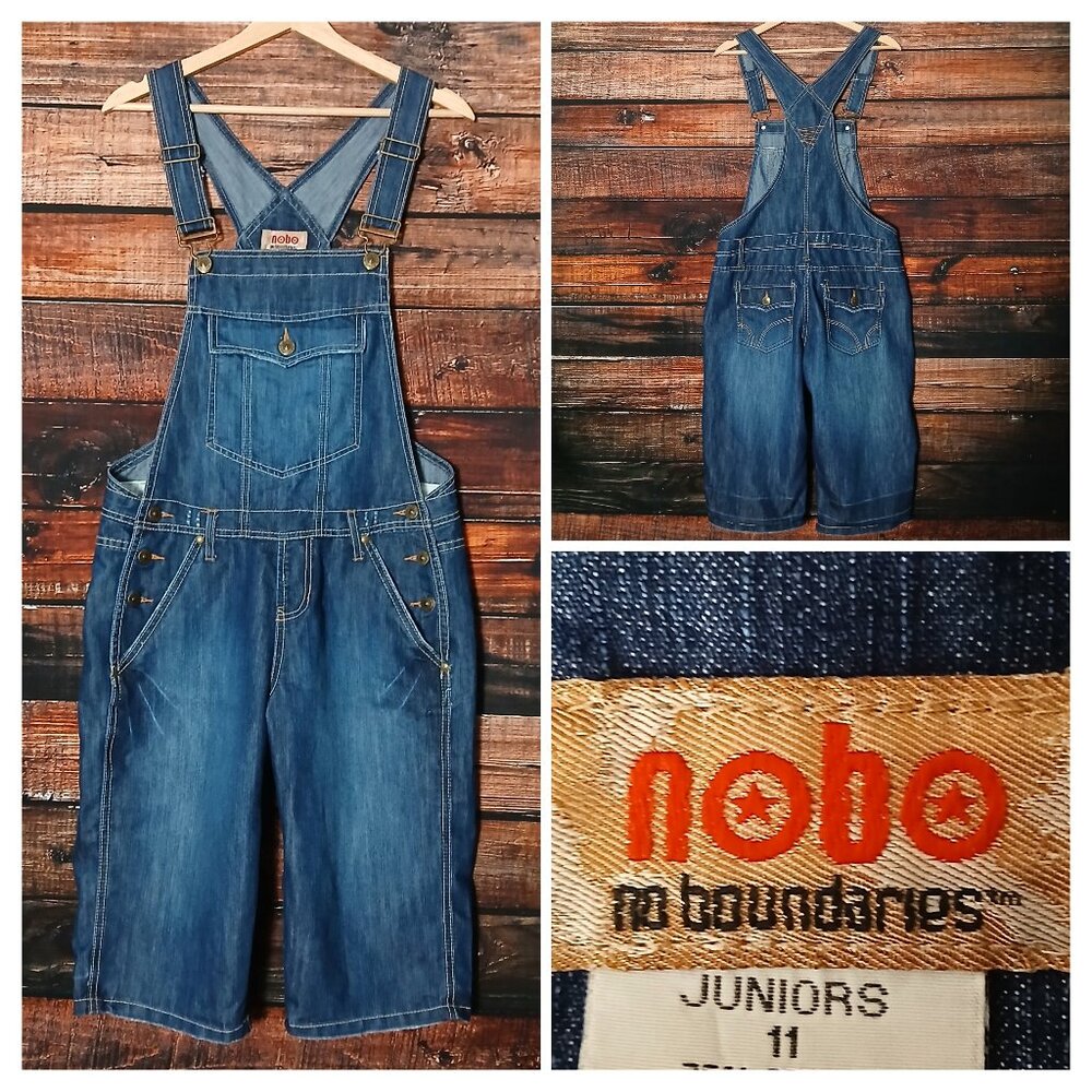 NOBO No Boundaries 11 Vintage Jean Shorts Overalls Distressed Dark Blue Denim